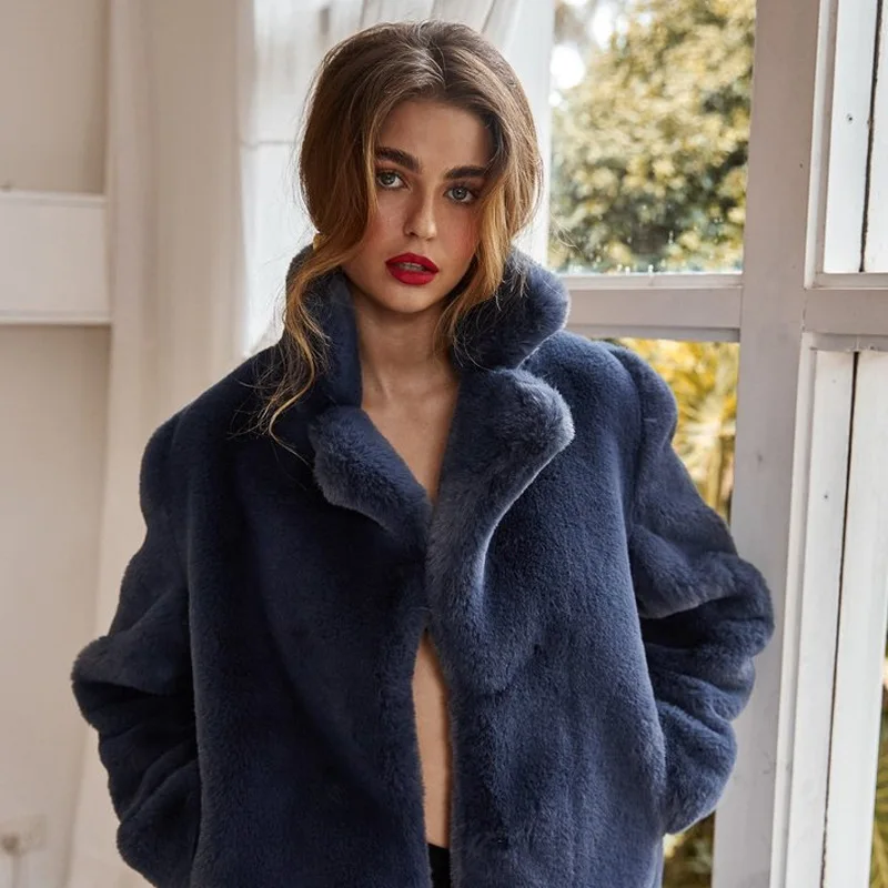 2021 New European and American Women's Clothing Rabbit Fur Jacket Artificial Fur Blue Lapel Medium Haining Fur Wholesale