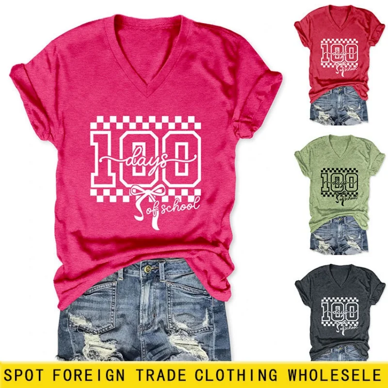 

Летняя женская футболка с V-образным вырезом и буквенным принтом, стильный топ в американском ретро-стиле.