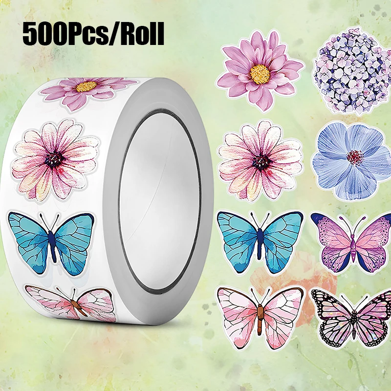 500Pcs Exquisite Creative Colorful Butterfly Flower Stickers Roll Cute Decals for Decoration Stationery Gifts