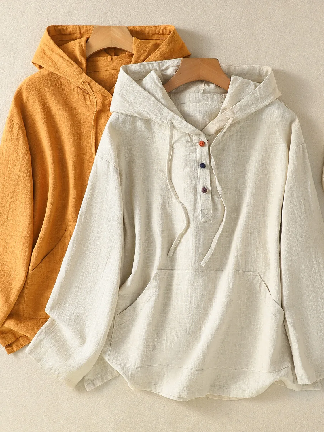 Retro Button up Cotton Linen Hoodie Women's Autumnal Zen Buddhist Style Tea Clothing Linen Overhead T-Shirt Top