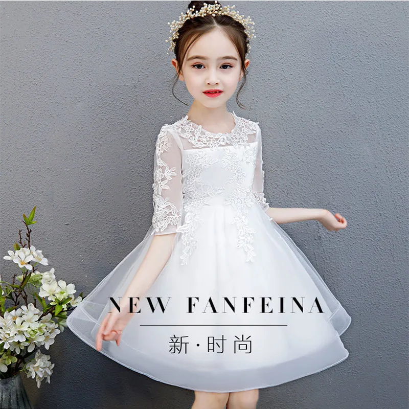 Girl White Premium Evening Dress Princess Dress Puffy Tuffy Yarn Flower Girl Wedding Little Girl Host Piano Performance Dress