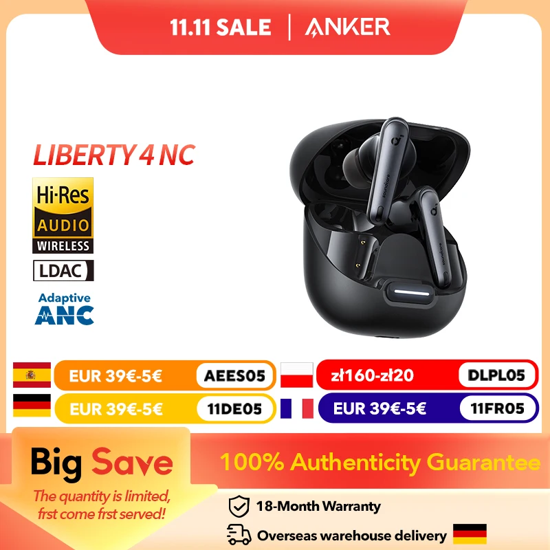 Soundcore by Anker Liberty 4 NC Ecouteurs Bluetooth sans Fil à Réduction de Bruit 98.5%, Bluetooth 5.3, Reducteur de Bruit Adapt