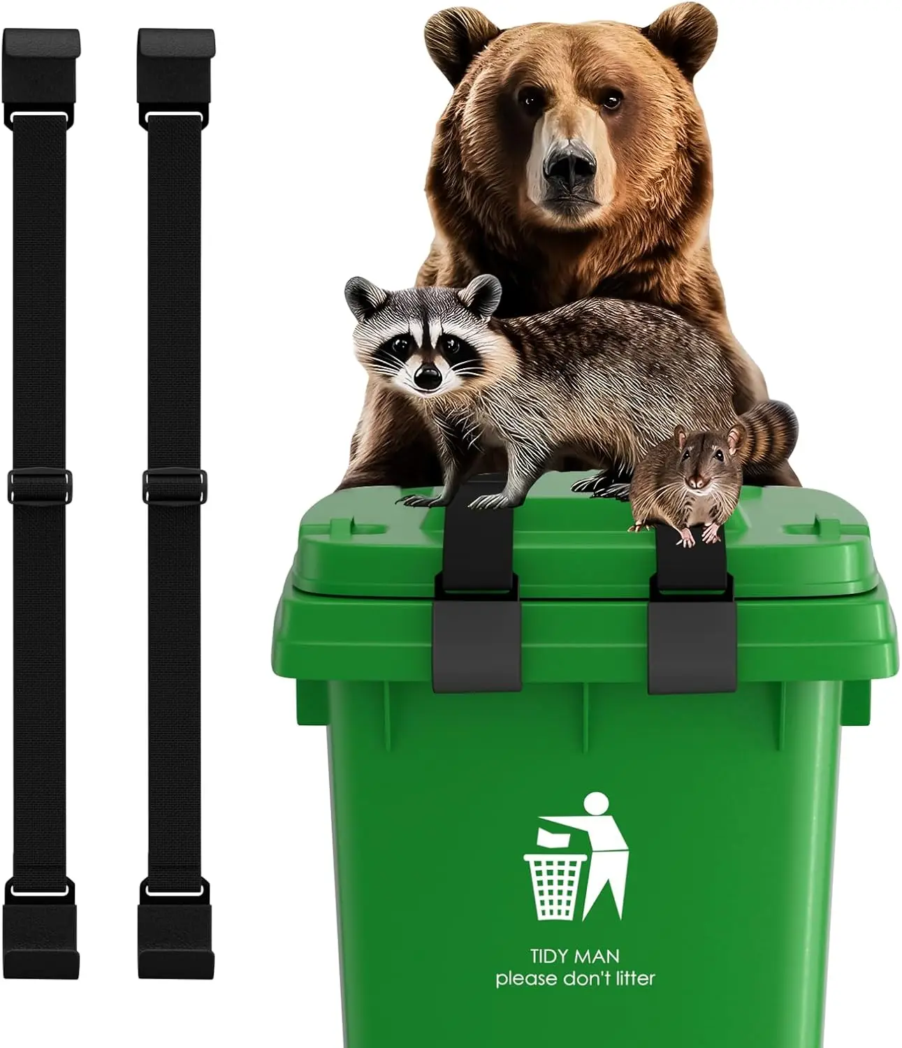 

2Pcs Metal Trash Can Locks, Adjustable Double Claw Strap for 28-96 Gallons, Anti-Rust Bungee Cord Outdoor Lid Lock
