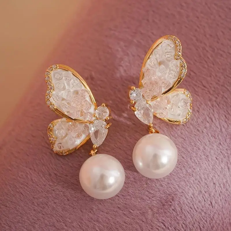Fairy Crystal Butterfly Pearl Earrings Light Luxury Charm Earrings Accessories for Women Party Holiday Fashion Jewelry