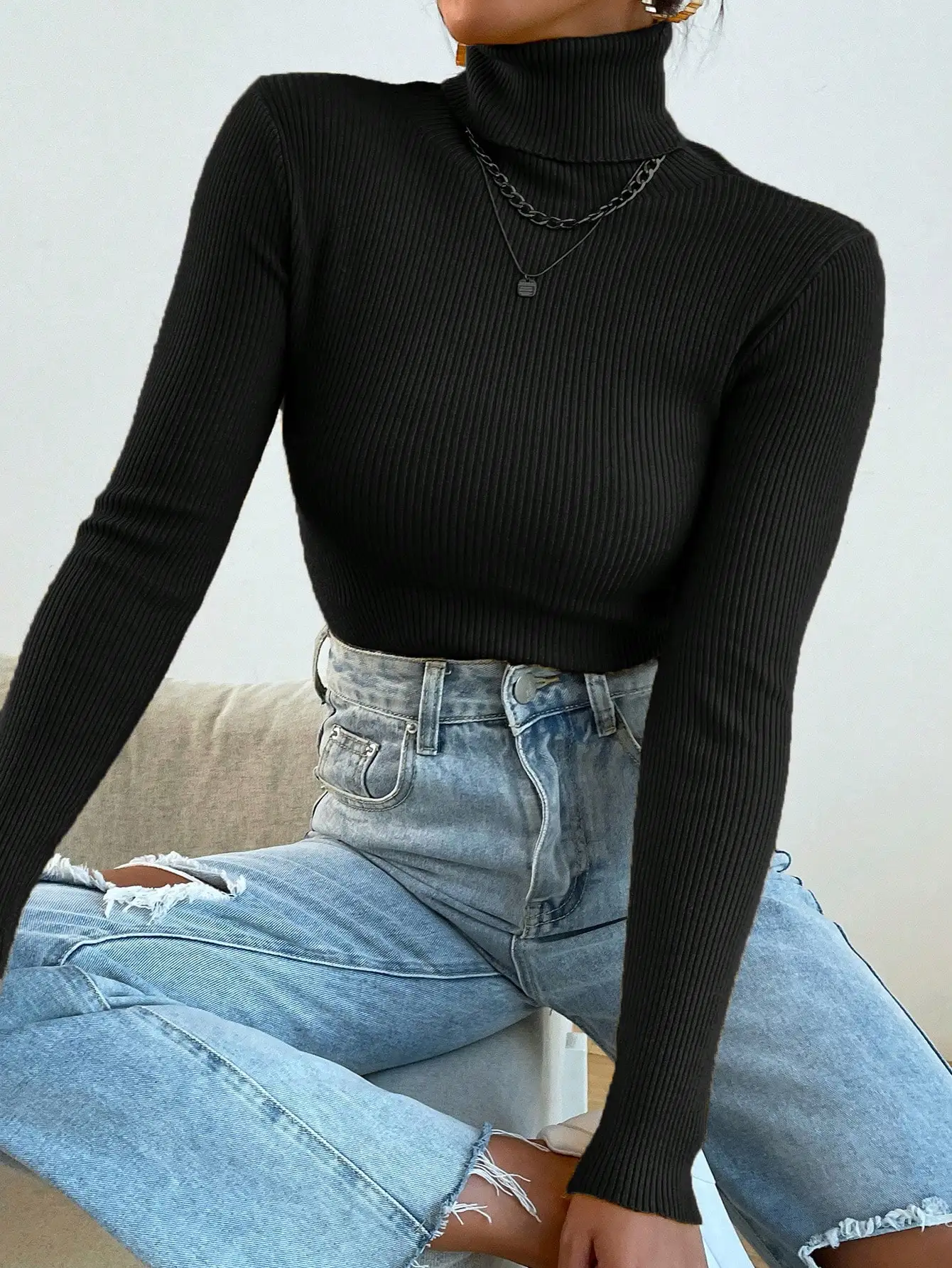 

Basic Turtleneck Ribbed Knit Sweater Without Necklace,Long Sleeve Tops Knit Pullover Fall Winter Outfits
