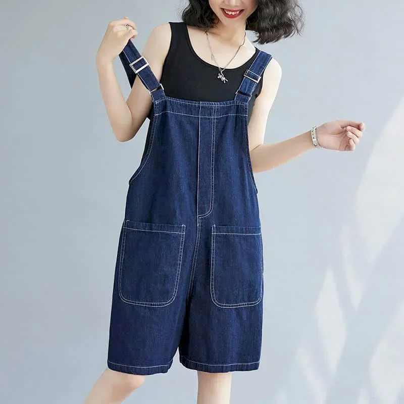 Kombinezony dla kobiet Denim Vintage Casual Koreańska moda Solidne kombinezony Luźne szorty z szerokimi nogawkami Jednoczęściowy strój Odzież damska