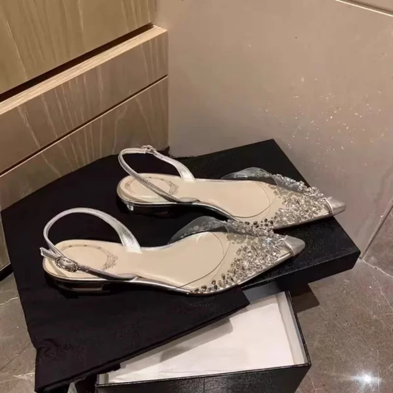 

Fashion Shiny Rhinestone Transparent PVC Sandals Open Toe Flat Shoes Crystal Low-Heeled Women's Shoes Back-Strap Sandals Women