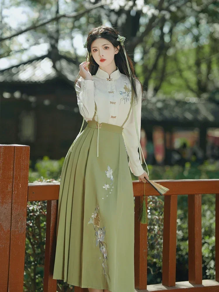 Camisa vintage saia verde grama para mulheres, elegante estilo chinês, conjunto retrô hanfu, manga longa, roupas bordadas, primavera