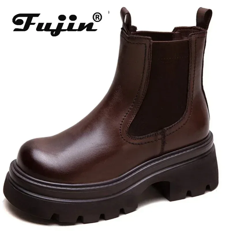 Fujin 6.5cm  Women Autumn Chelsea Spring Wedge Shoes British Genuine Leather Ankle Booties Fashion Chimney Ankle Round Toe Boot