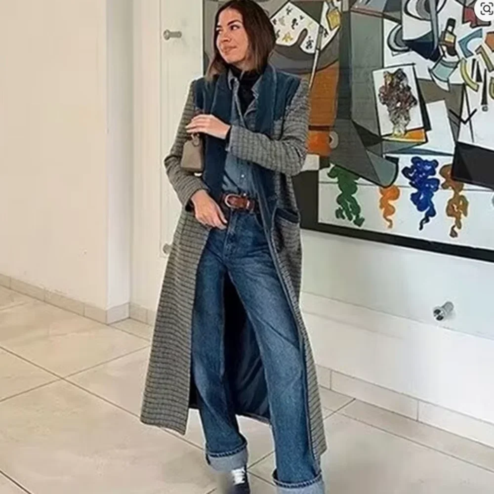 

Women's Fashionable Plaid Woolen Coat V-neck Long Sleeve Stand Collar Blends COAT Elegant Patchwork Plaid Thick Long Coat