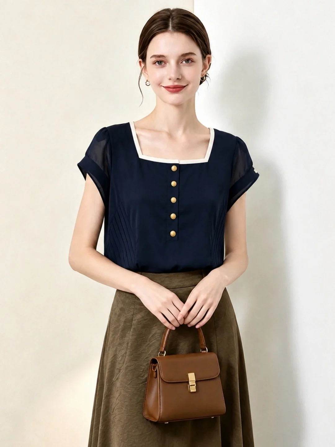 Elegant Commuter Style Square Collar Short Sleeve Shirt Women's Fashion Color Block Design Summer Business Casual Top