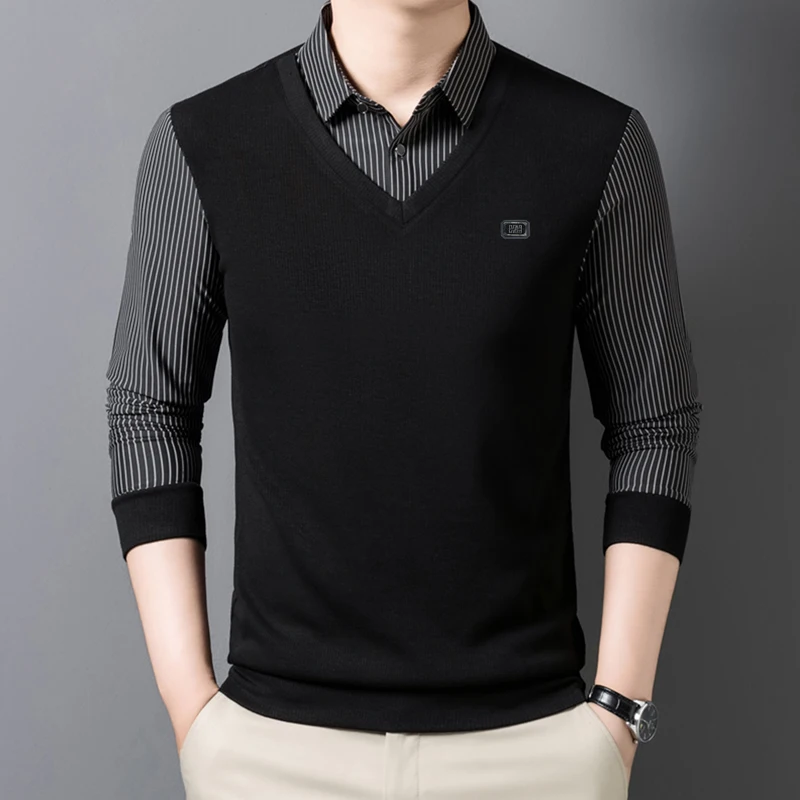 الخريف والشتاء سترة صوف وهمية قطعتين الرجال موضة الاتجاه الأكثر مبيعا تي شيرت بأكمام طويلة البلوز #6