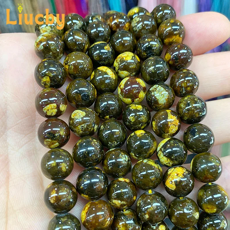 Natural Stone yellow Three Life Smooth Beads for Jewelry Making DIY Rings Bracelets Earrings Accessories 15\