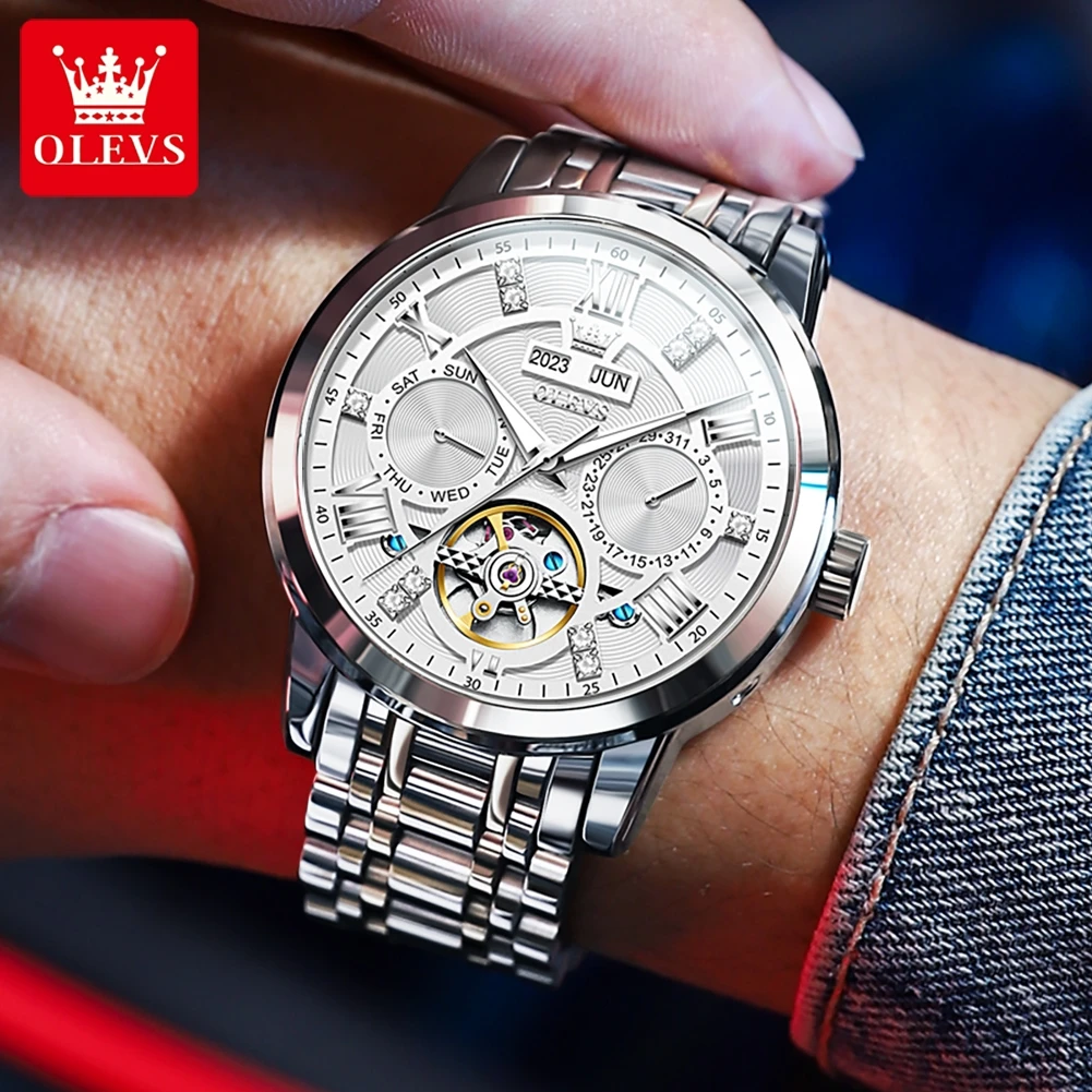 OLEVS Luxury Skeleton Flywheel Automatic Watch for Men Stainless Steel Waterproof Luminous Calendar Business Top Man Wristwatch