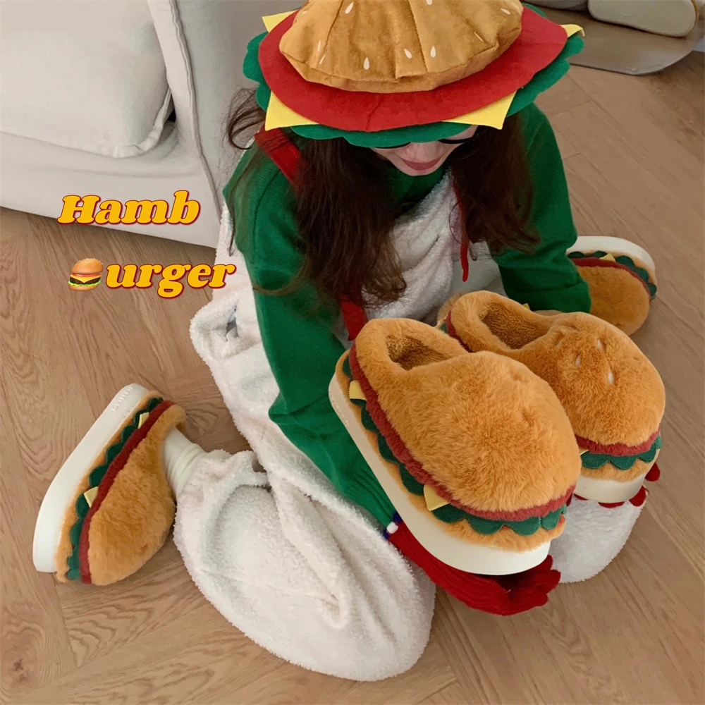 Fuzzy hamburger shoes men 2024 creative indoor slippers winter man half shoes mens slippers unisex home thick warm plush shoes