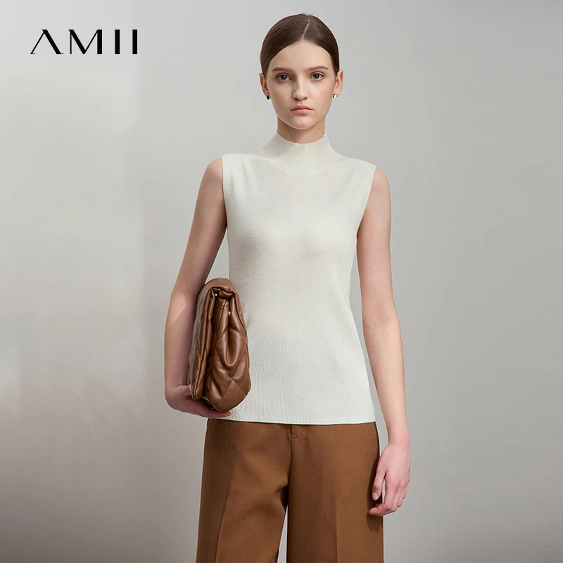AMII Autumn Casual Sweater for Women 2025 Solid Mock Neck Sleeveless Pullover Lady New Fashion Slim Fit Sweaters Female 12541027