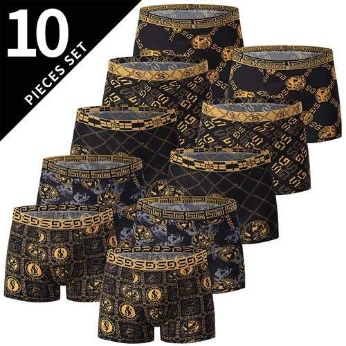 Imagen 1 del producto Paquete de 5/10 ropa interior Boxer con estampado dorado y negro para hombre, cómoda y versátil, de talla grande, Sexy, para deportes de ocio y playa
