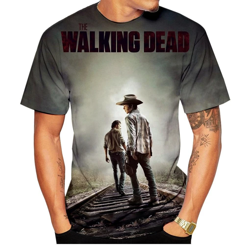 3d Tshirts For Men Vintage Oil T-shirt Street Fashion The Walking Dead Printed Short-sleeved Loose Oversized Motorcycle T-shirt