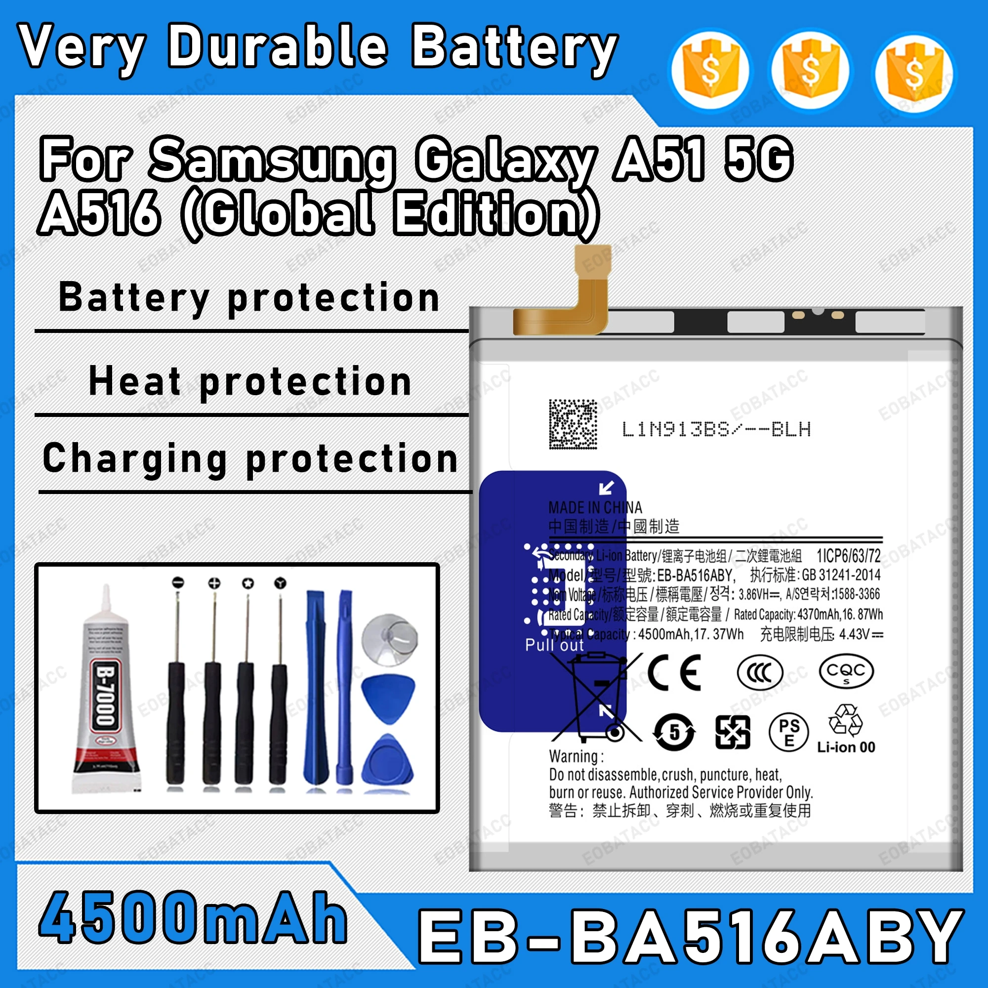 

4500mAh 100% New EB-BA516ABY Battery For Samsung Galaxy A51 5G Replacement Bateria+Free Tools