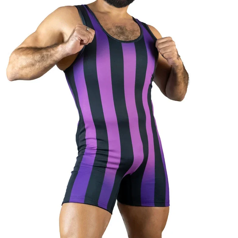 

Purple Vertical Stripes Wrestling Singlets Suit Boxing Triathlon One Piece Bodysuit Iron Men Swimwear Gym Sport Fitness Skinsuit