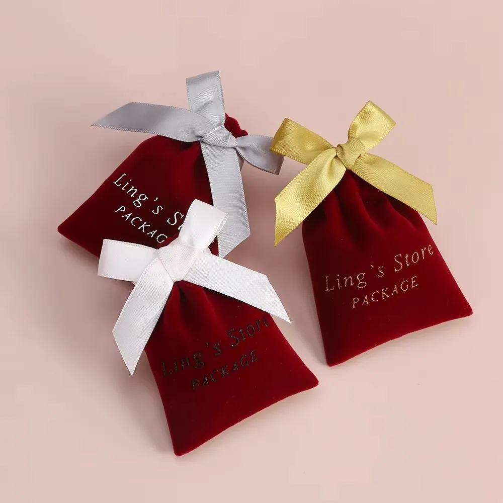 100Pcs Custom Logo Red Wine Thick Velvet Jewelry Packaging Bag Adorable Wedding Favors Pouch Cosmetic Sachet Jewellery Organizer