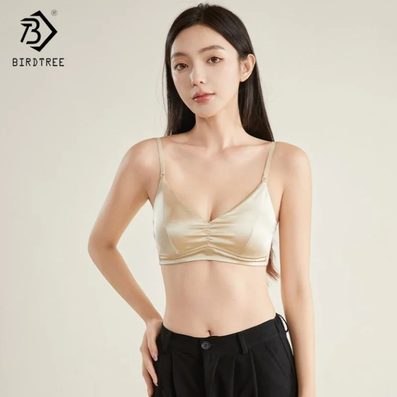 Birdtree, 93% Real Silk 7% Spandex Bra, Women's French Style Triangle Cup Wireless Bras, 2025 New Breathable Underwear A59040JF