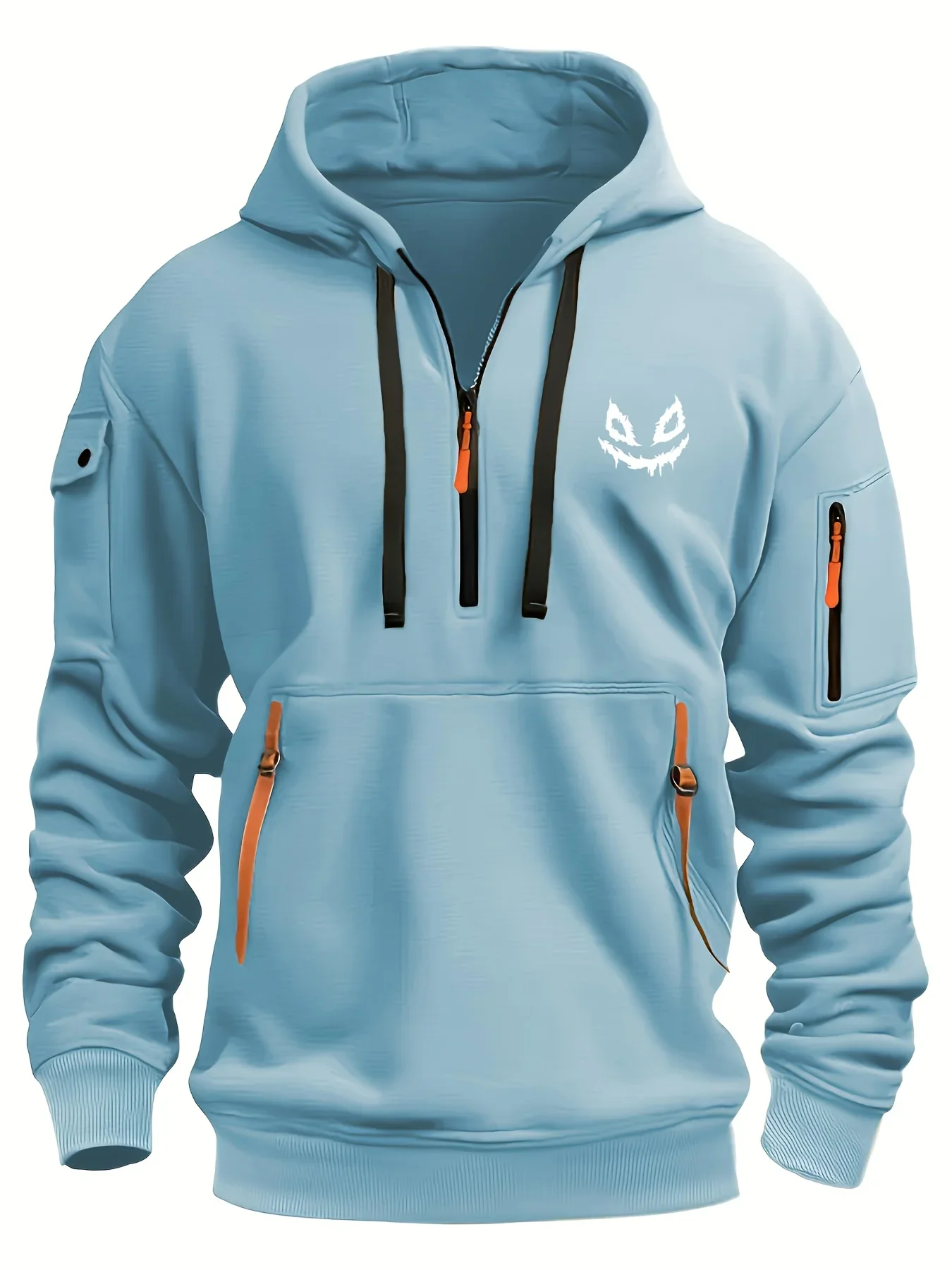 Men's and women's hooded hoodies autumn edition with multiple zippers and pockets, featuring quirky smiley face print for warmth
