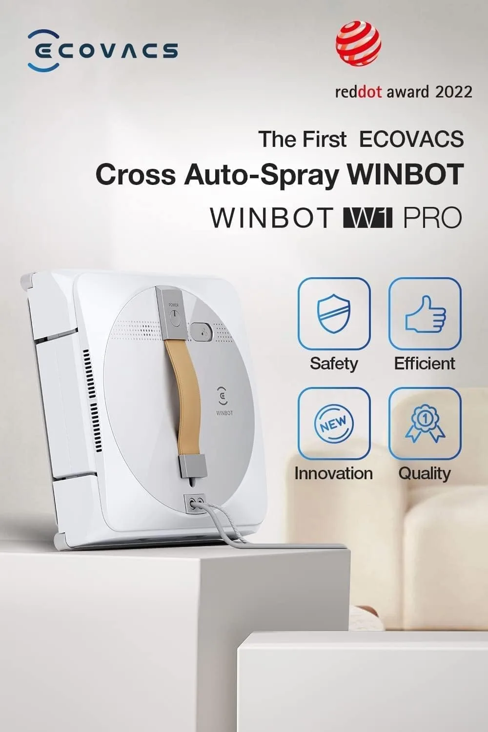 ECOVACS Winbot W1 Pro Window Cleaning Robot, Intelligent Cleaning with Dual Cross Water Spray Technology, 2800Pa Suction Power