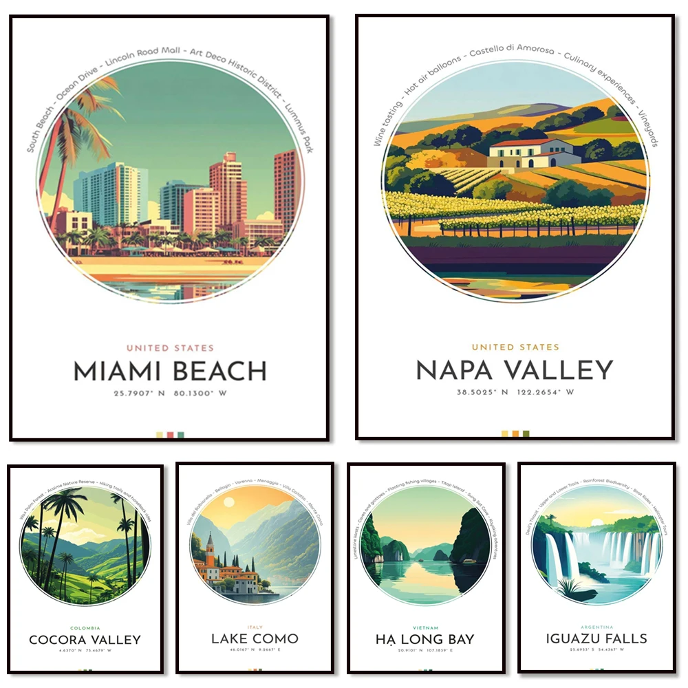 Aruba, Nuevo puente en España, Monte de aceitunas, Keukenhof, Cocora Valley, Napa Valley, Lake Titicaca, Iguazu Falls cartel de viaje