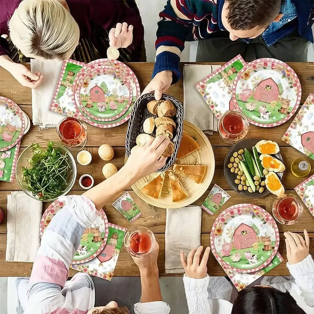 Neues Rosa Bauernhof-Tier Themen-Einweggeschirr, Pappbecher, Teller, Servietten, Tischdecken, Kindergeburtstags-Partyzubehör – Detail 9