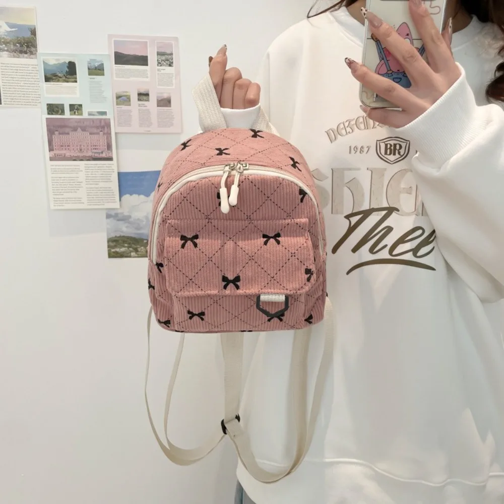 

New Mini Backpack Bowknot Printed Sweet Storage Bag Corduroy Korean Version Cosmetic Bag Women