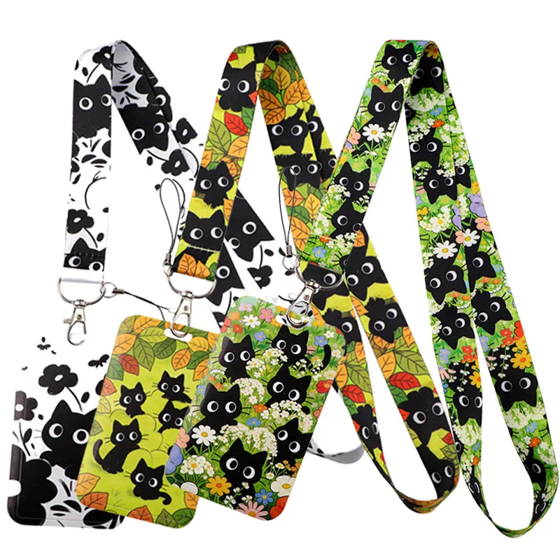 

Flowers Black Cat Credential Holder Cute Lanyards for Key Neck Strap For Card Badge Gym Keychain Keyring Accessories Funny Gifts