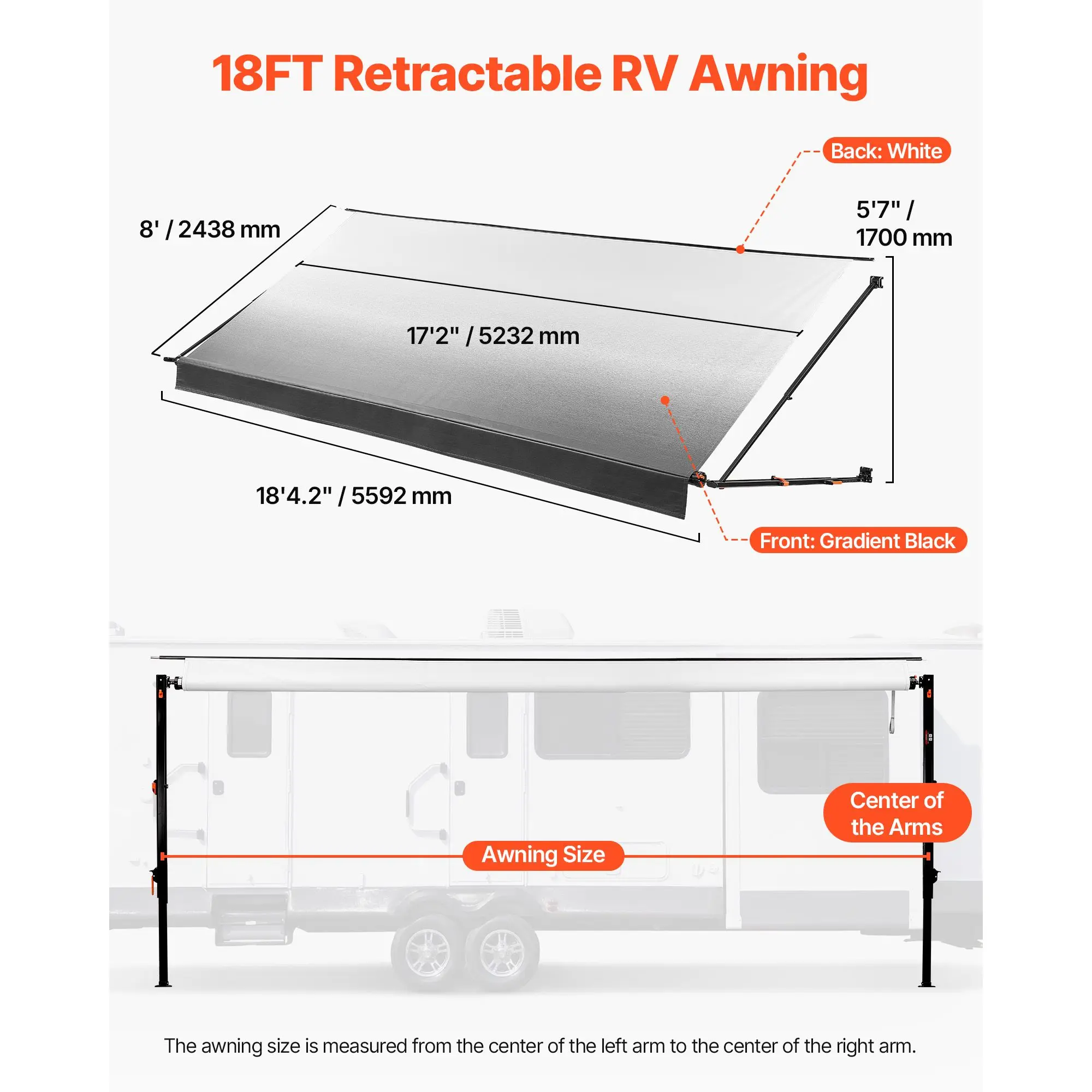 Manual RV Awning Complete Kit 18.12FT Retractable Aluminum Frame Waterproof PVC Fabric for Outdoor Camping