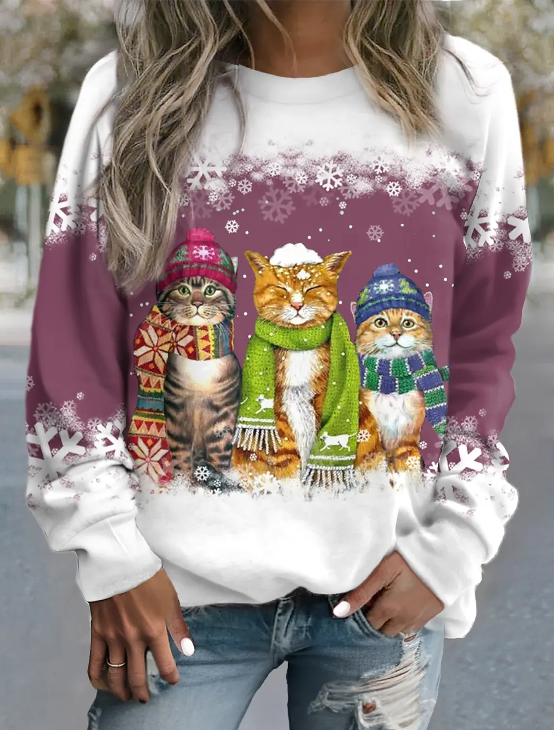 Women's Pullover Sweatshirt Cat Snowflake Casual Light Green Dark Pink Navy Blue Sportswear Festival Round Neck Long Sleeve Tops