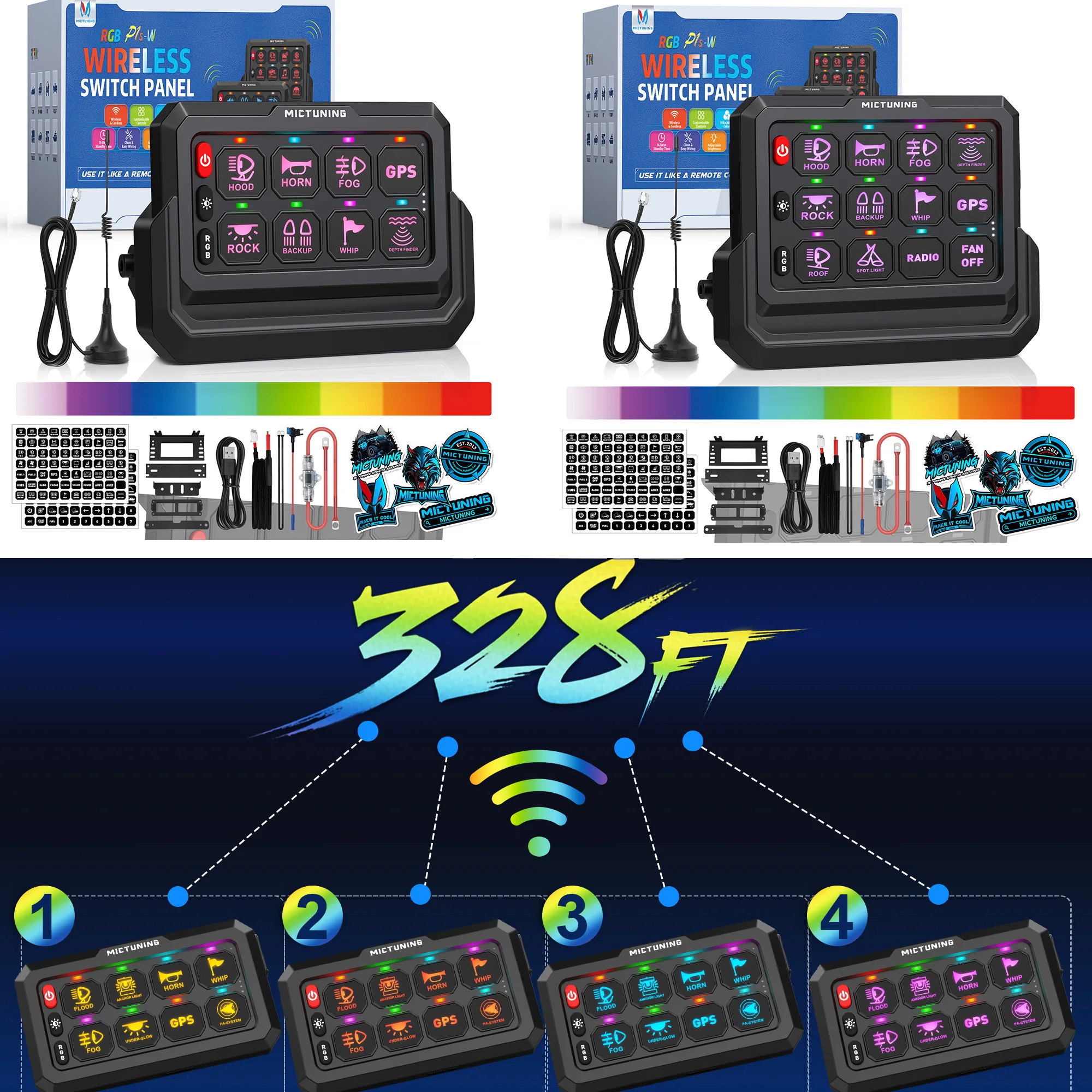 

MICTUNING P1s Wireless 8/12 Gang Switch Panel, Remote Control Range Up to 328FT for Off Road Truck SUV UTV RV