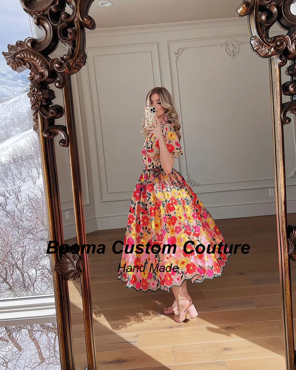 Booma Colorful Embroidery Lace A Line Prom Dresses Cap Sleeves Tea Length Flowers Party Prom Gowns Plus Size robe soireé femme