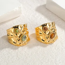 Seakissky High-quality Stainless Steel Gold Color Waterproof Natural Stone Jewelry Gift French Vintage Heavy Open Ring For Women