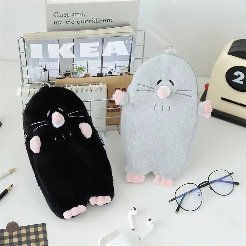 Plush Gray Black Mole Pencil Bag Thicken Large Capacity Cute Mole Pencil Case Cartoon Animal Stationery Bag Student Storage Bag