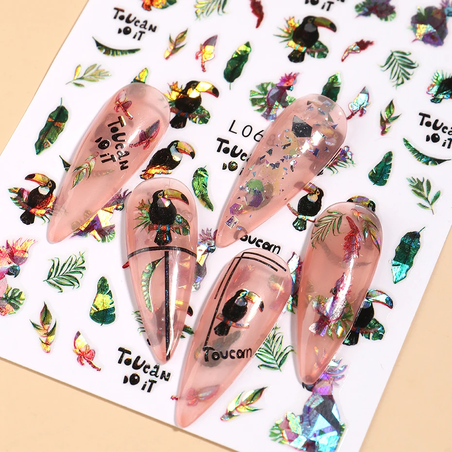 2 pezzi 3D Laser Estate Tropicale Adesivi per unghie Fenicotteri rosa lucidi Woodpeckers Foglie di palma Disegni Decalcomanie adesive Lamine per manicure