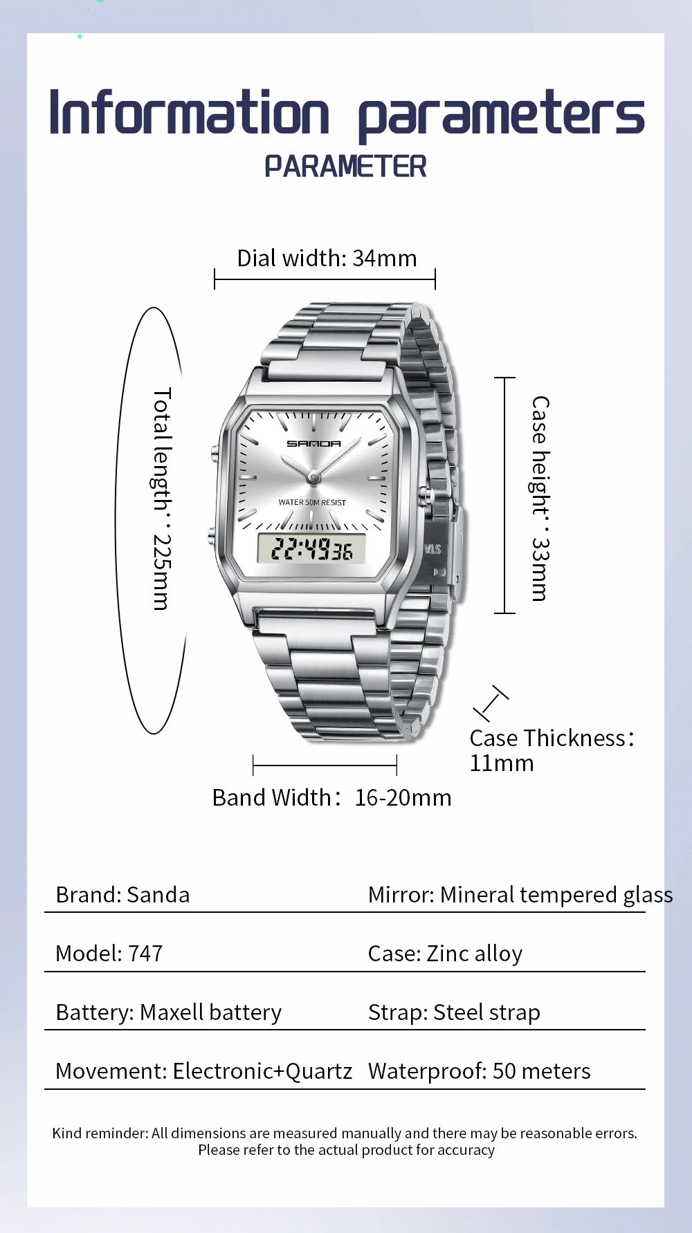 SANDA 747 Dual Display Clock Unisex Waterproof Sports Quartz Watch Luxury Mens Style Watches Stainless Steel Women LED Digital