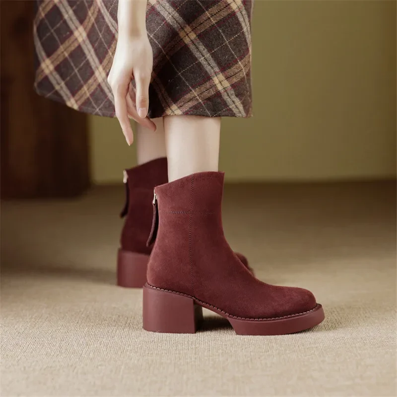 New Winter Ankle Boots Round Toe Boots Cow Suede Women Shoes Chunky Heels Shoes for Women Thermal Wool Boots Platform Shoes