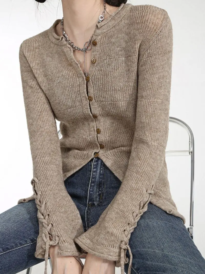 

Womens Long Sleeved Lace Up Knitted Cardigan Thin Sweater