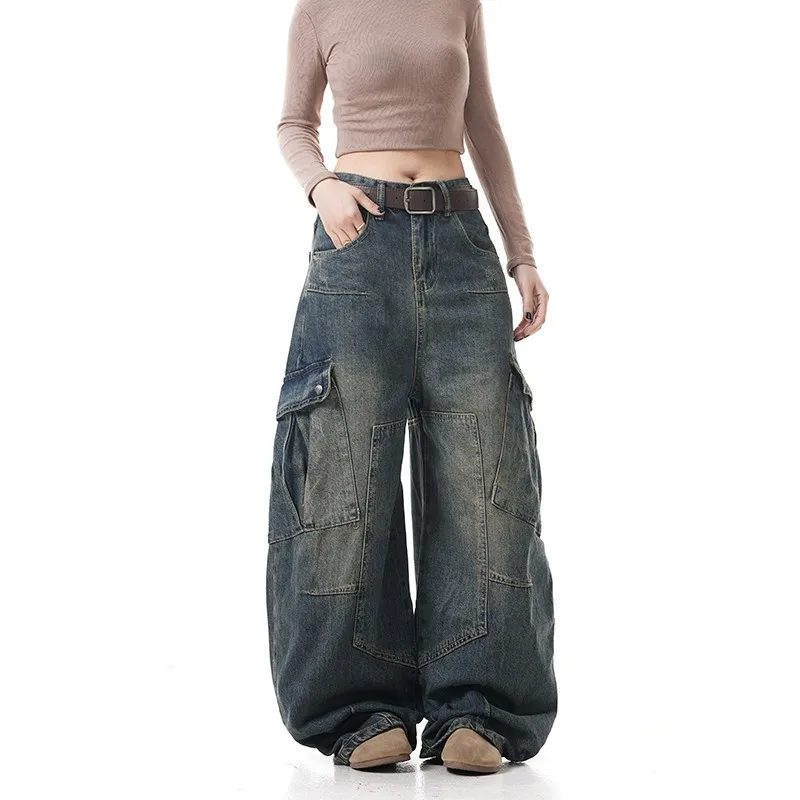 American Street Style Baggy Cargo Jeans, Vintage Washed Distressed Heavyweight Denim Pants Multi Pockets Wide Leg Loose Trousers
