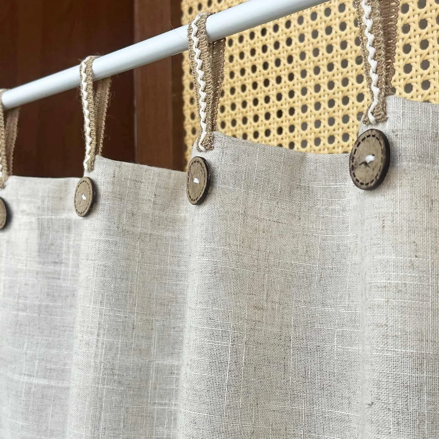 Simple Tab Top Button Faux Linen Short Curtain with Crochet Lace Kitchen Curtain for Cabinets, Cafe, Block, Small Window Decor
