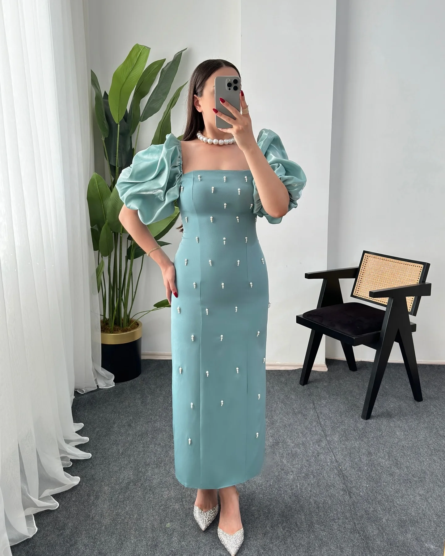 AsaNagi Elegant Square Neck Pearl Prom Gown Women's Short Sleeve Green Party Evening Dress Ankle Length Special Occasion Dresses