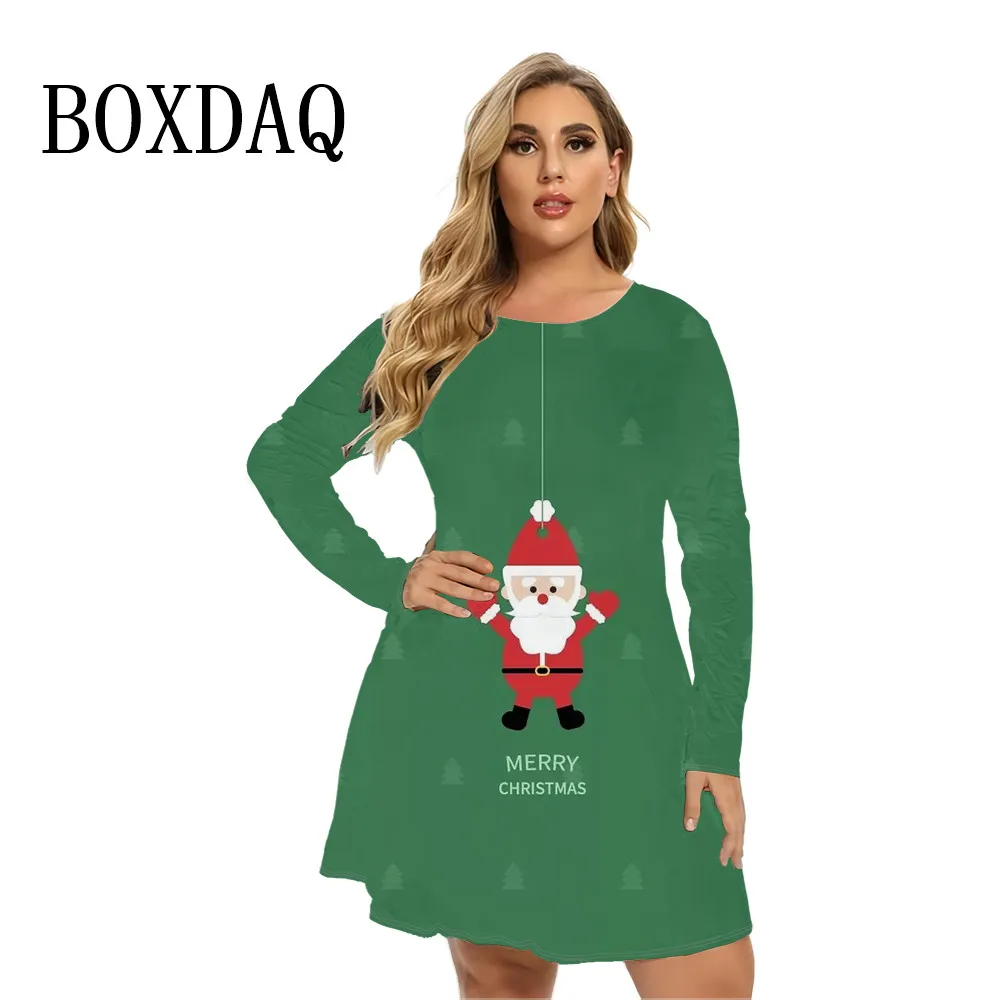 Śmieszna Śliczna Świąteczna Damska Sukienka Z Długim Rękawem Zimowa Impreza Świąteczna Sukienka A-Line Casual Santa Claus Loose Plus Size Dress