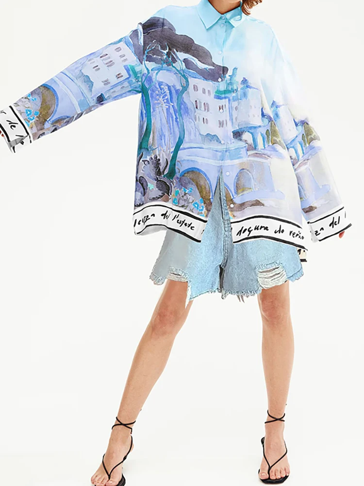 Blusa holgada informal de manga larga para vacaciones para mujer, Tops con botones estampados a la moda de primavera 2025, camisa elegante con cuello de solapa para la playa