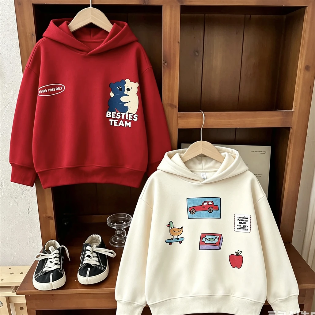 Red Beige White Hooded Tops For Boys And Girls Fashion Casual Clothes Long-sleevd Sweatshirts Toddler New Design Hoodies