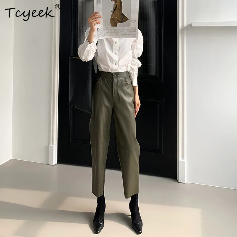 Military Green Leather Pants High Waist Wide-Leg Straight Pants Streetwear Autumn Casual sheepskin Trousers Women 2023 Hot Sale