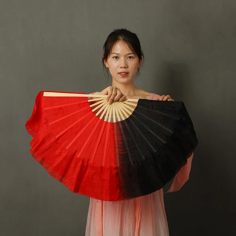 Belly Dance Silk Veil Fan Black Red Gradient Folding Bamboo Fans Classical National Dancing Performance Practice Props Accessory